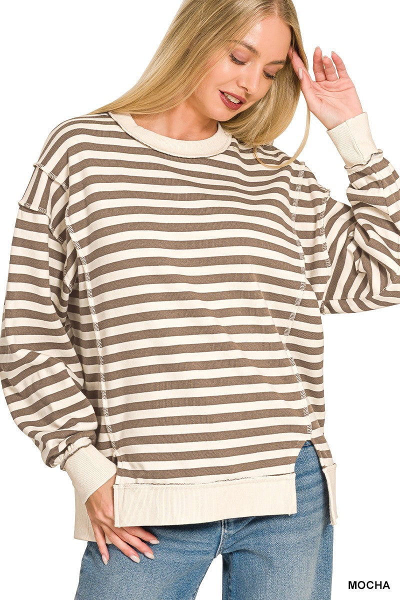 Mocha Premium Yarn Dyed Striped Fleece Exposed-seam Sweatshirts