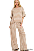 Ash Mocha Raised Rib Stripe Short Sleeve Top & Pants Set