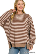 Ash Mocha and Brown French Terry Striped Long Sleeve Pullover