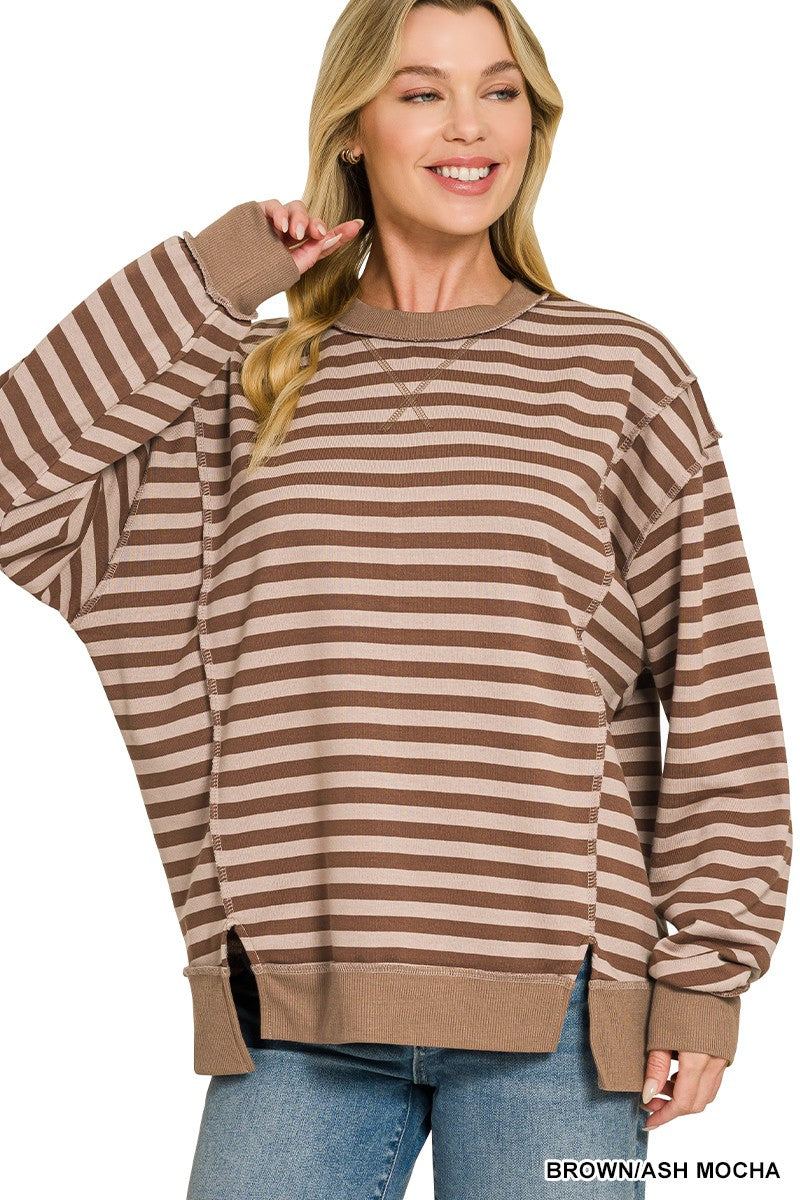 Ash Mocha and Brown French Terry Striped Long Sleeve Pullover