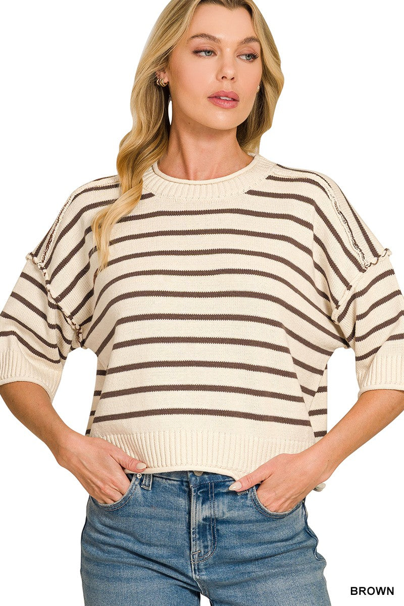 Brown Striped Exposed Seam Half Sleeve Sweater