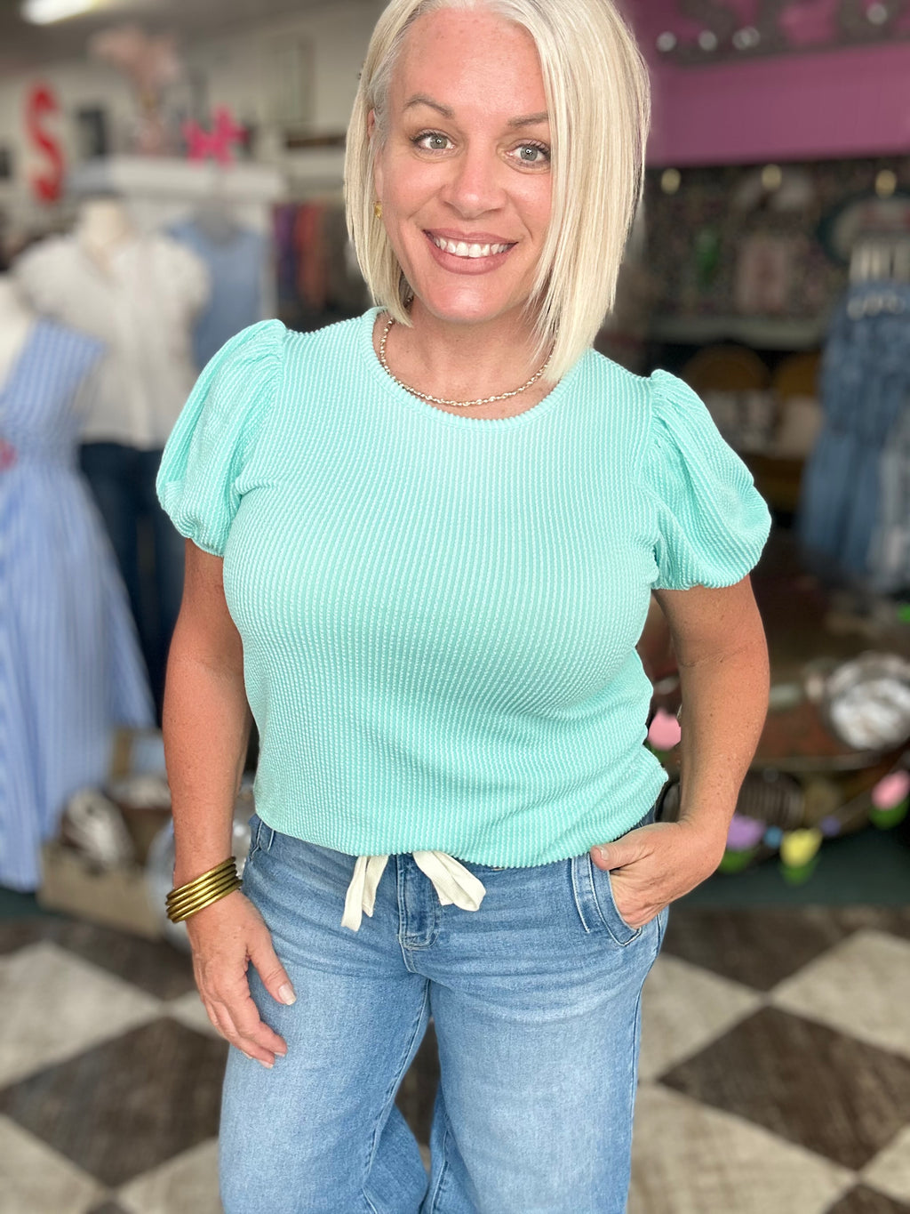 Mint Ribbed Puff Sleeve Top