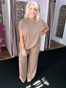 Ribbed Short Sleeve 2PC pants Set in brown