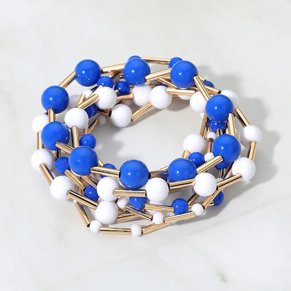 7PCS - Resin Ball Metal Bar Beaded Stretch Stackable Multi Layered Bracelets