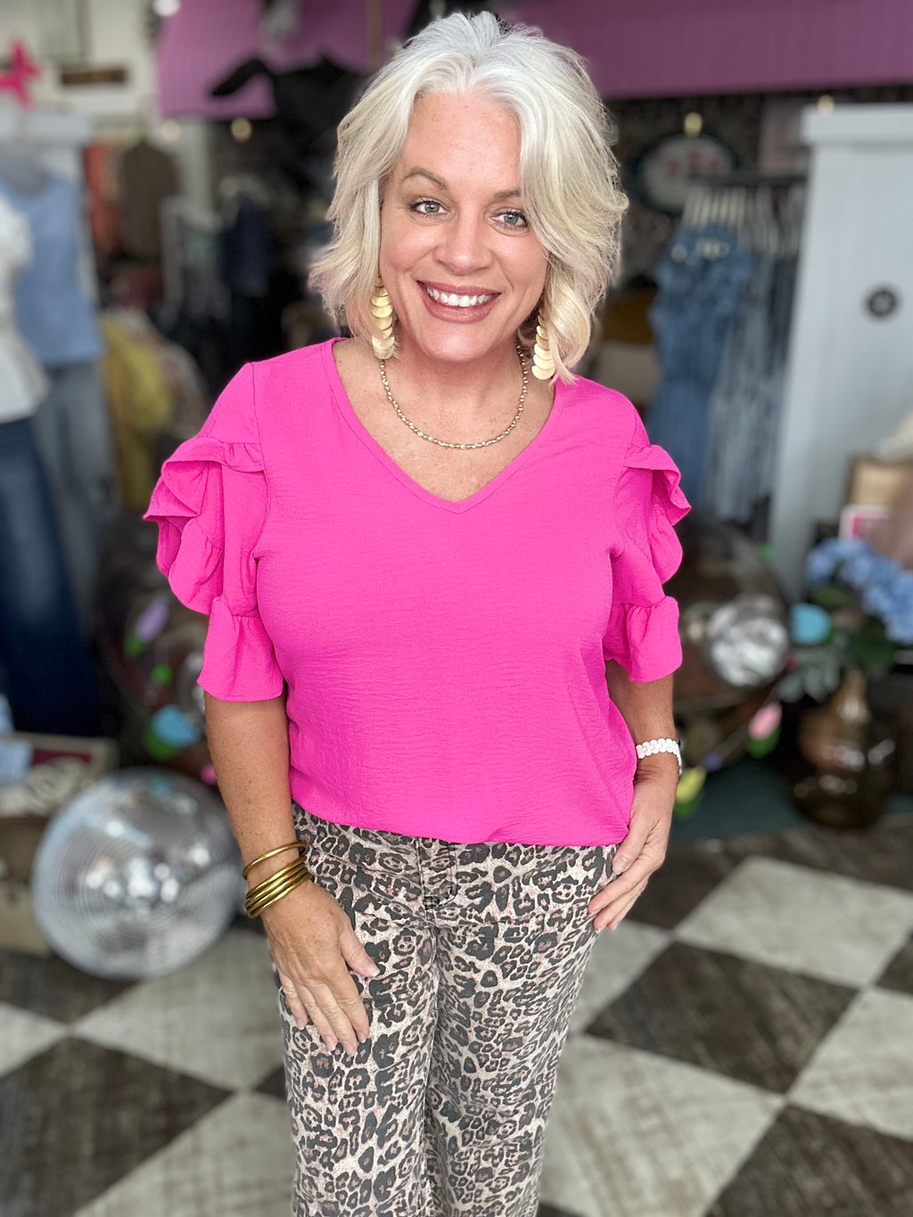 Ultra Hot Pink Ruffled Tulip Sleeve V Neck Top