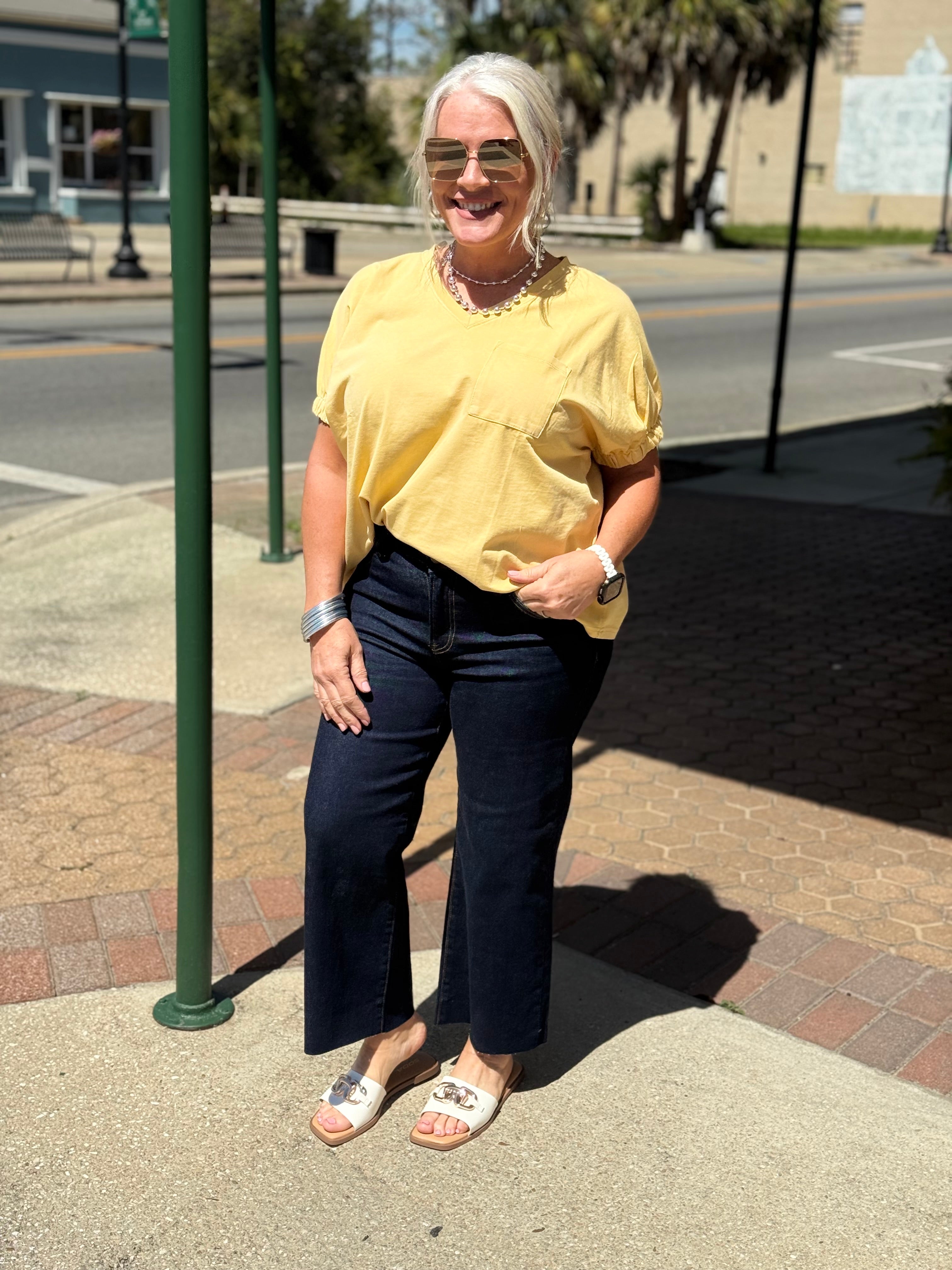 Yellow Washed V Neck Elastic Sleeve T Shirt