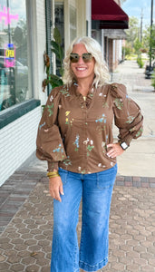 SMOCKED CUFF LONG SLEEVE  FLORAL COCOA TOP