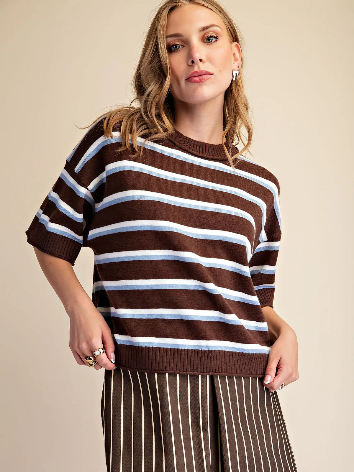 Brown and Blue Crew-Neck Stripe Sweater