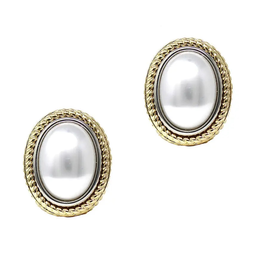 Gold Oval with Pearl Stud 1" Earring