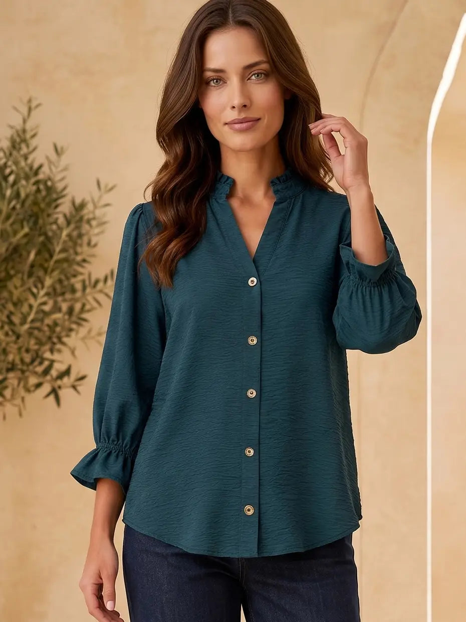 Hunter Green 3/4 Sleeve Button Down Front Blouse