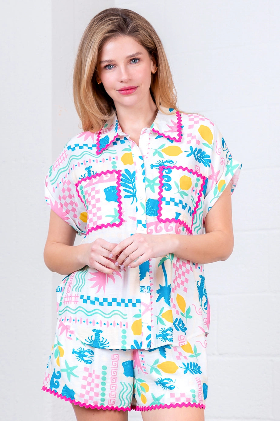 Multi Printed Button Down Collared Top and Matching Shorts