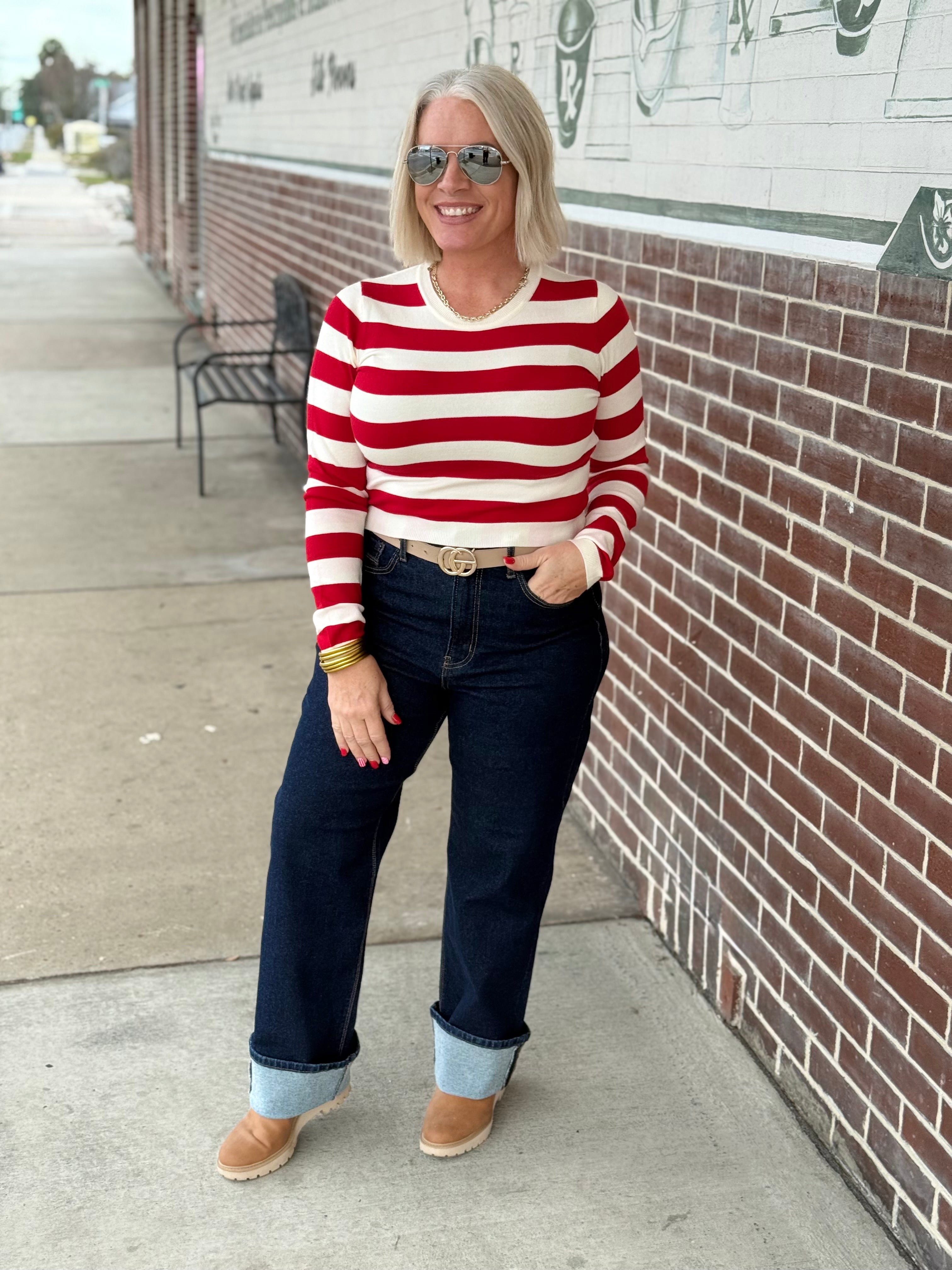 Red and Ivory Crew Neck Stripe Fitted Sweater