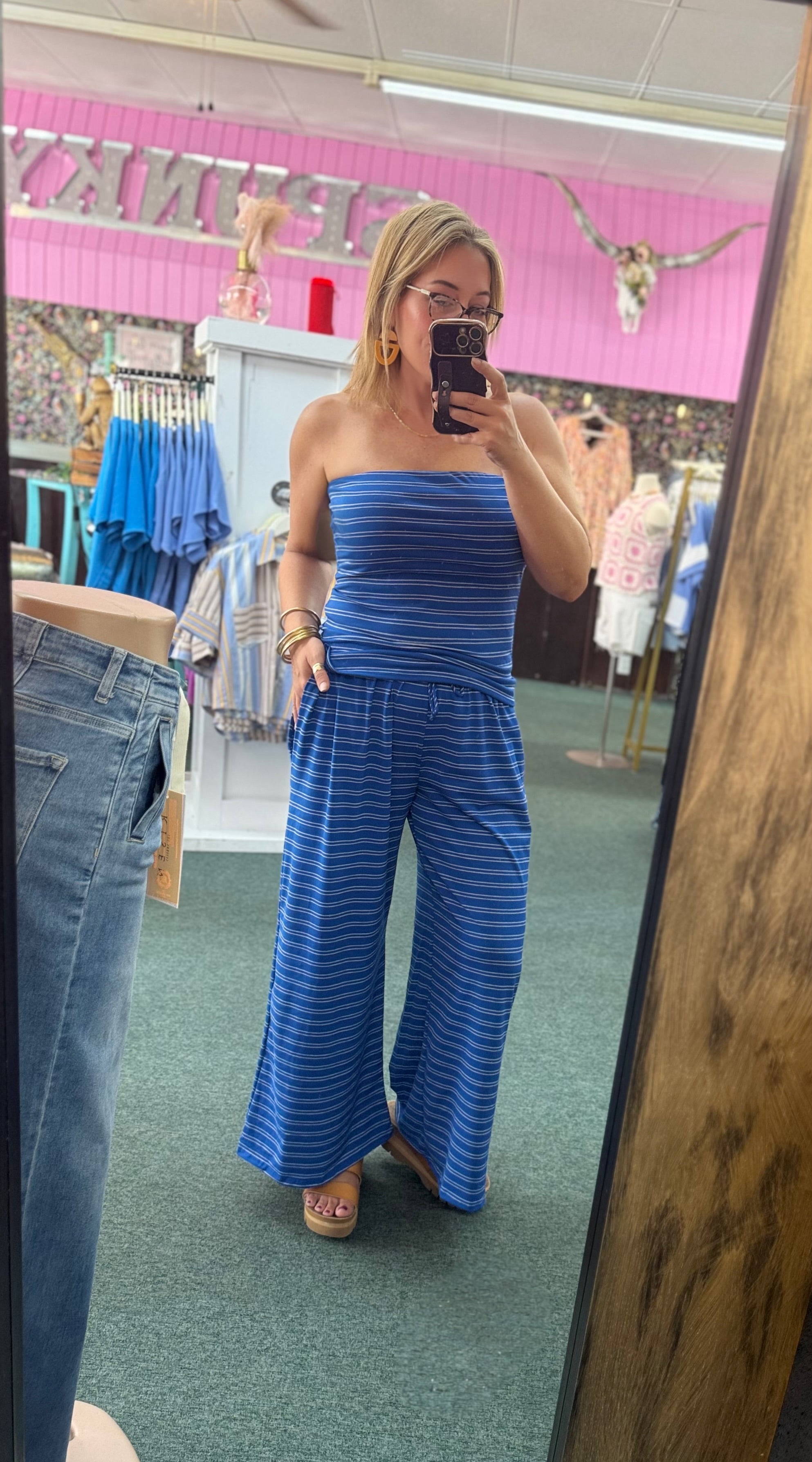 ROYAL BLUE STRIPED TUBE TOP AND PANTS SET