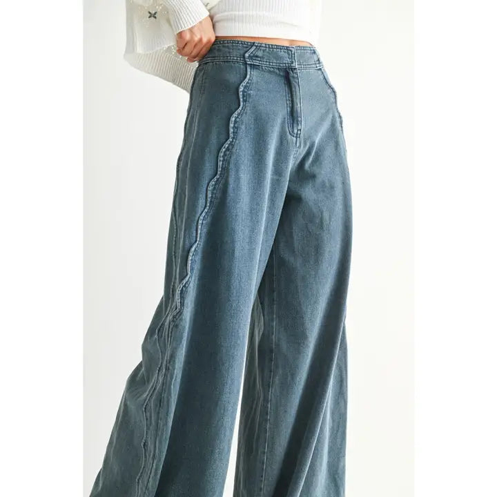 Medium Wash Wide-Leg Stretchy Denim Trousers