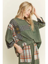 Load image into Gallery viewer, Olive patchwork Mineral Washed Plaid Daisy Top
