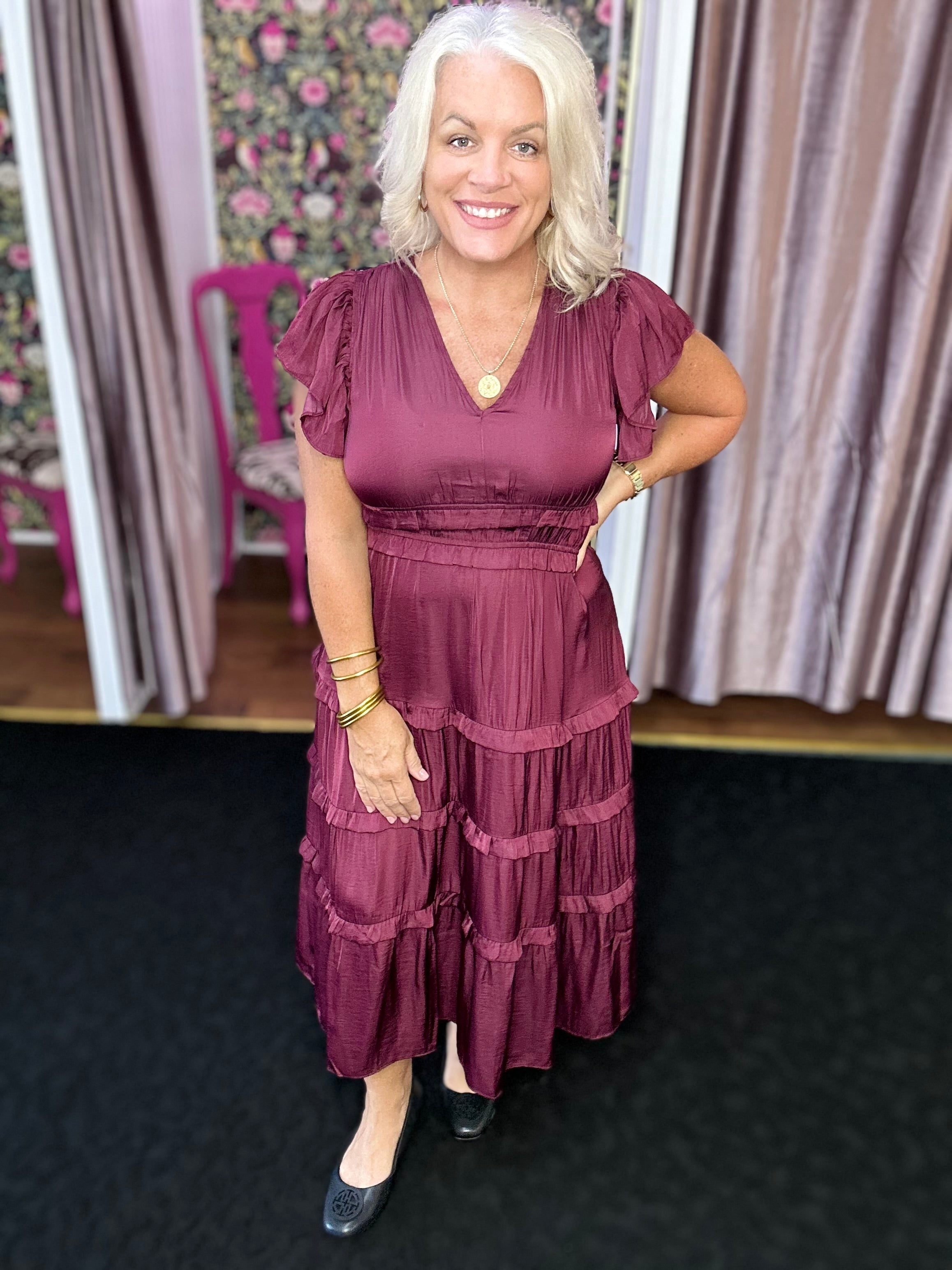 V-Neck Tiered Midi Dress in deep wine