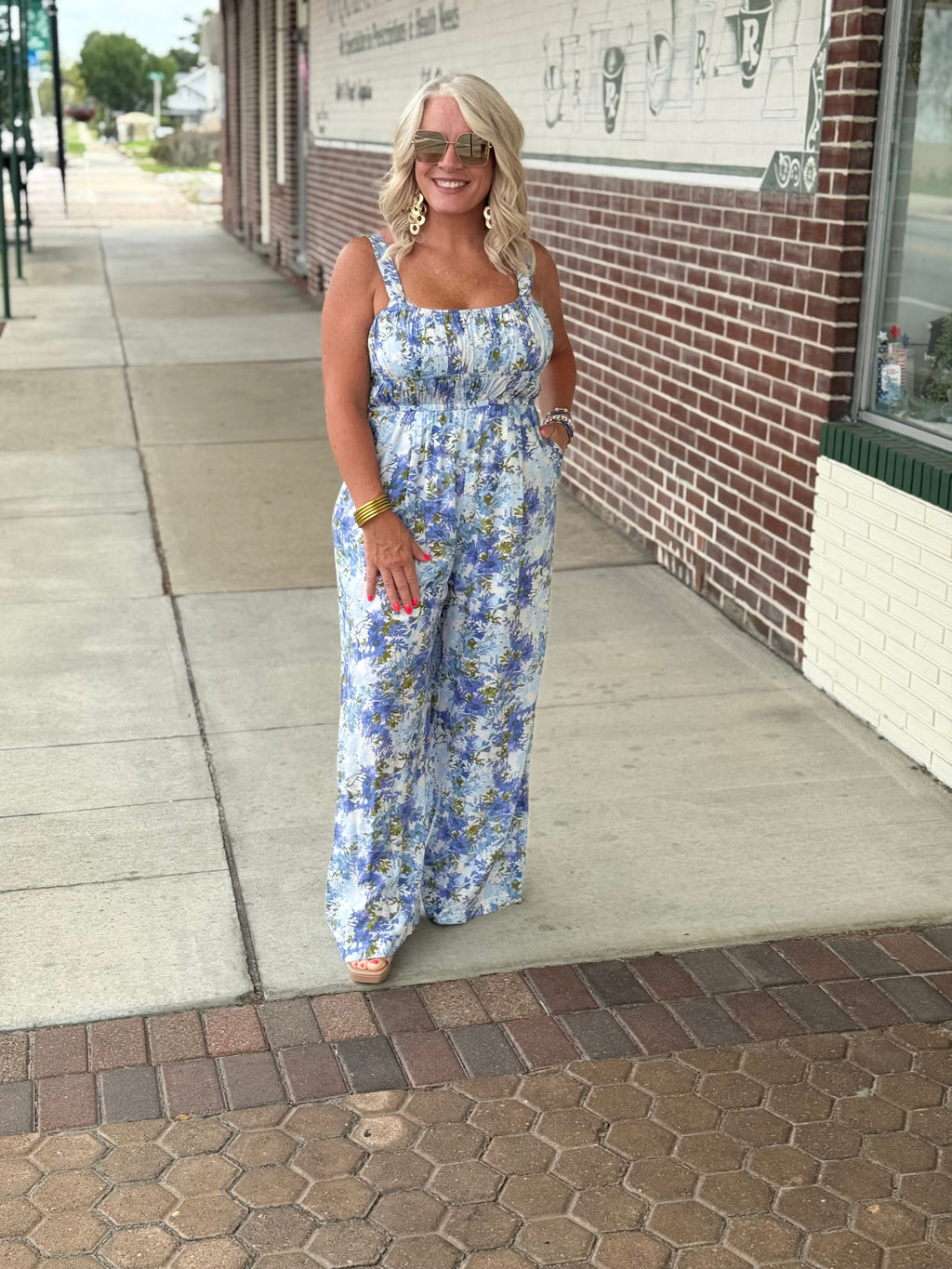 Flower Print Gathered Bust Sleeveless Jumpsuit