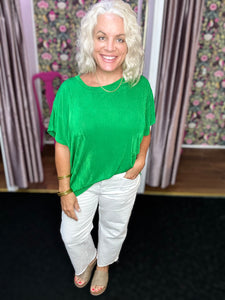 Kelly green Relaxed Fit Round Neck Cap Sleeves Top