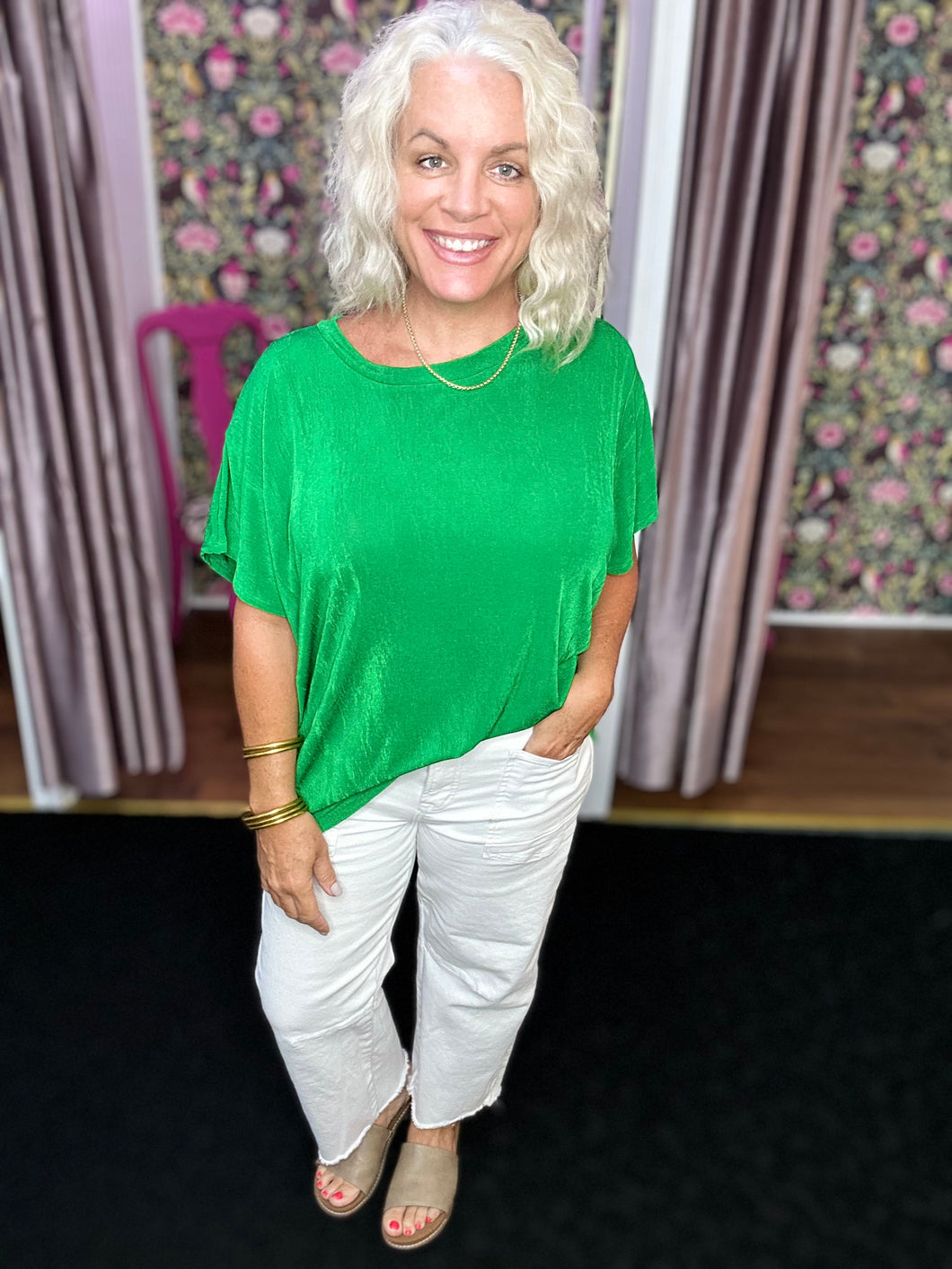 Kelly green Relaxed Fit Round Neck Cap Sleeves Top