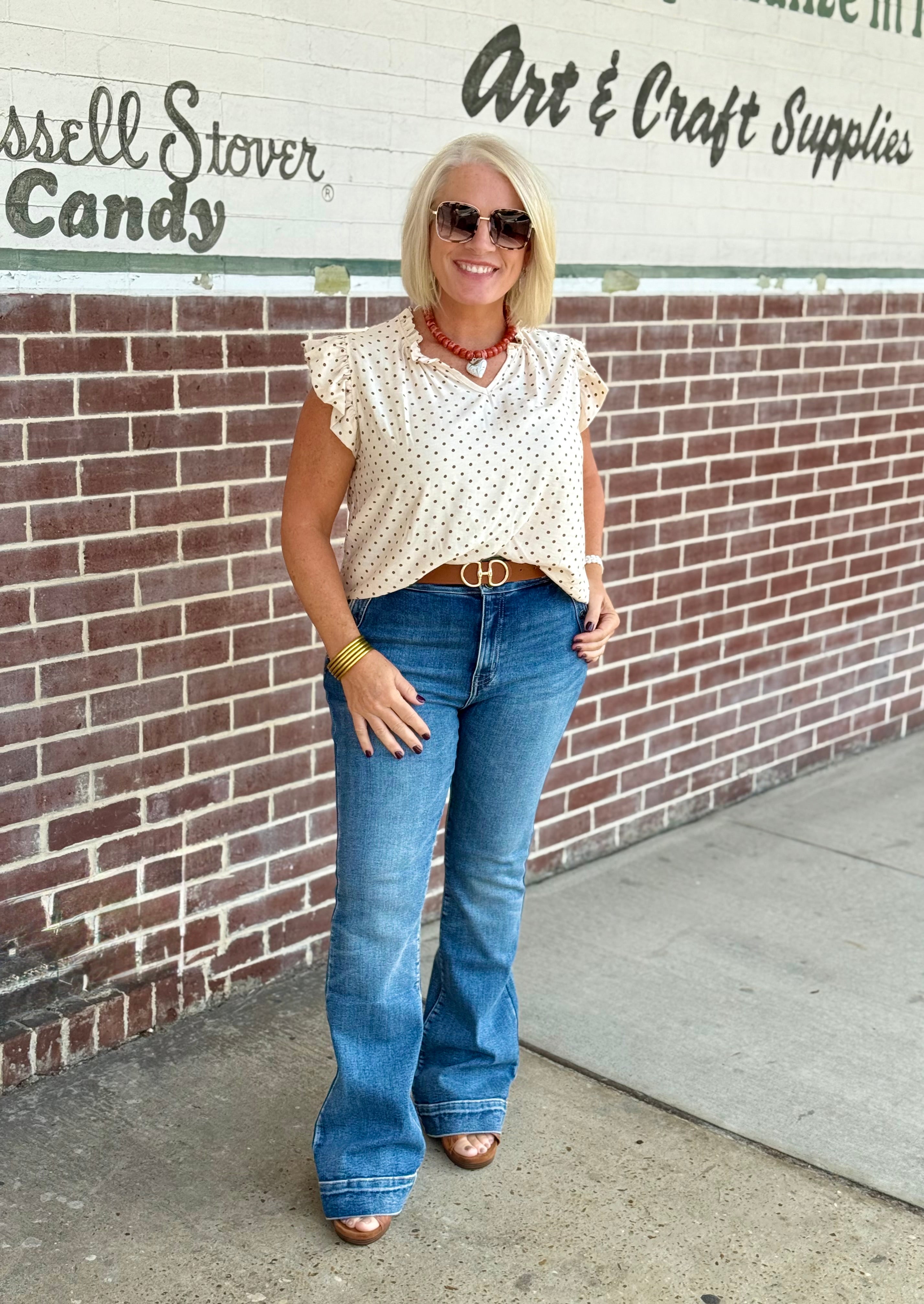 Cream and Brown Ruffle Sleeve Polka Dot Blouse