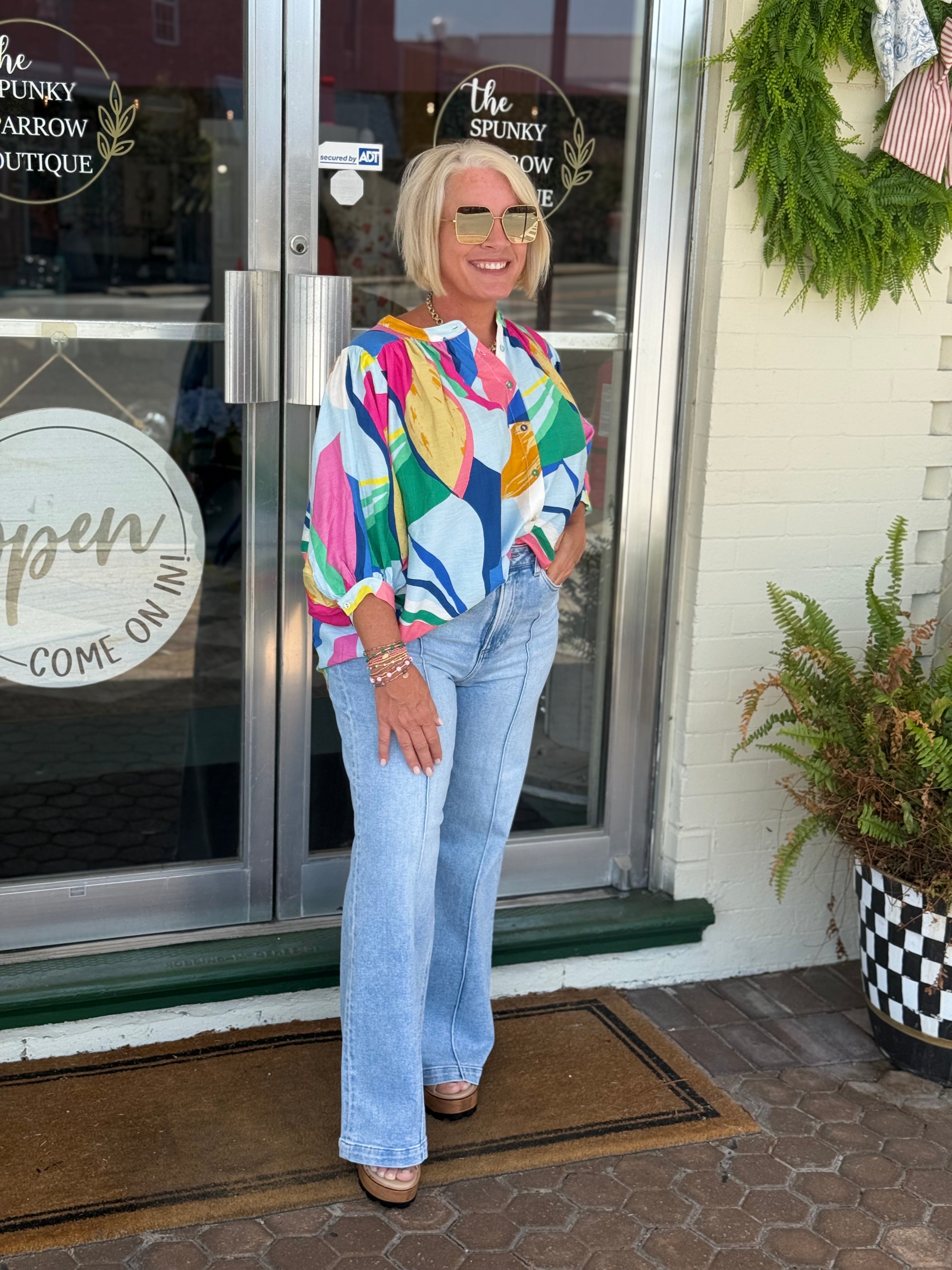 Bright Abstract Loose Fit Button Down Blouse