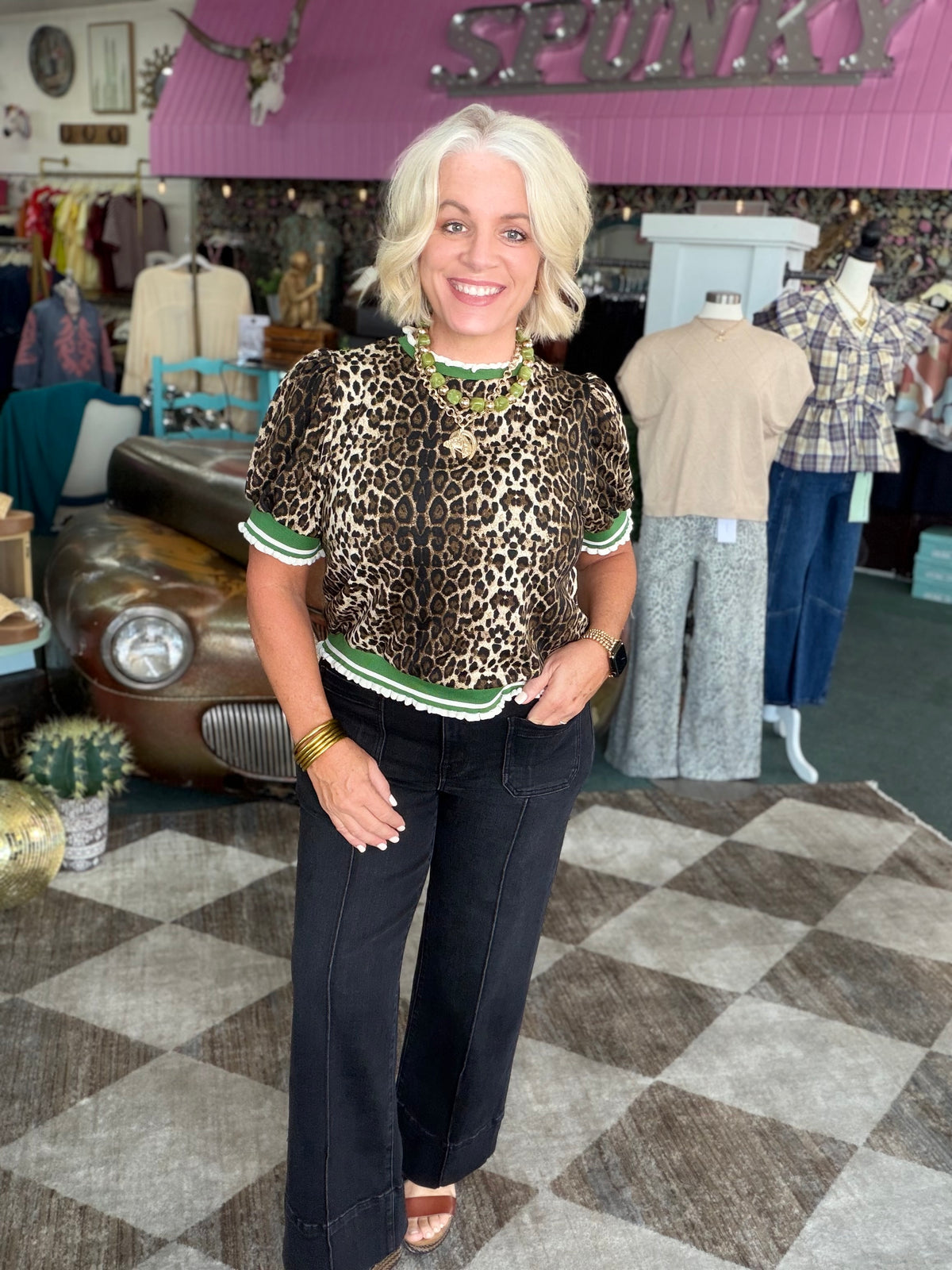 Leopard Puff Sleeve Top with Green Trim Dealing