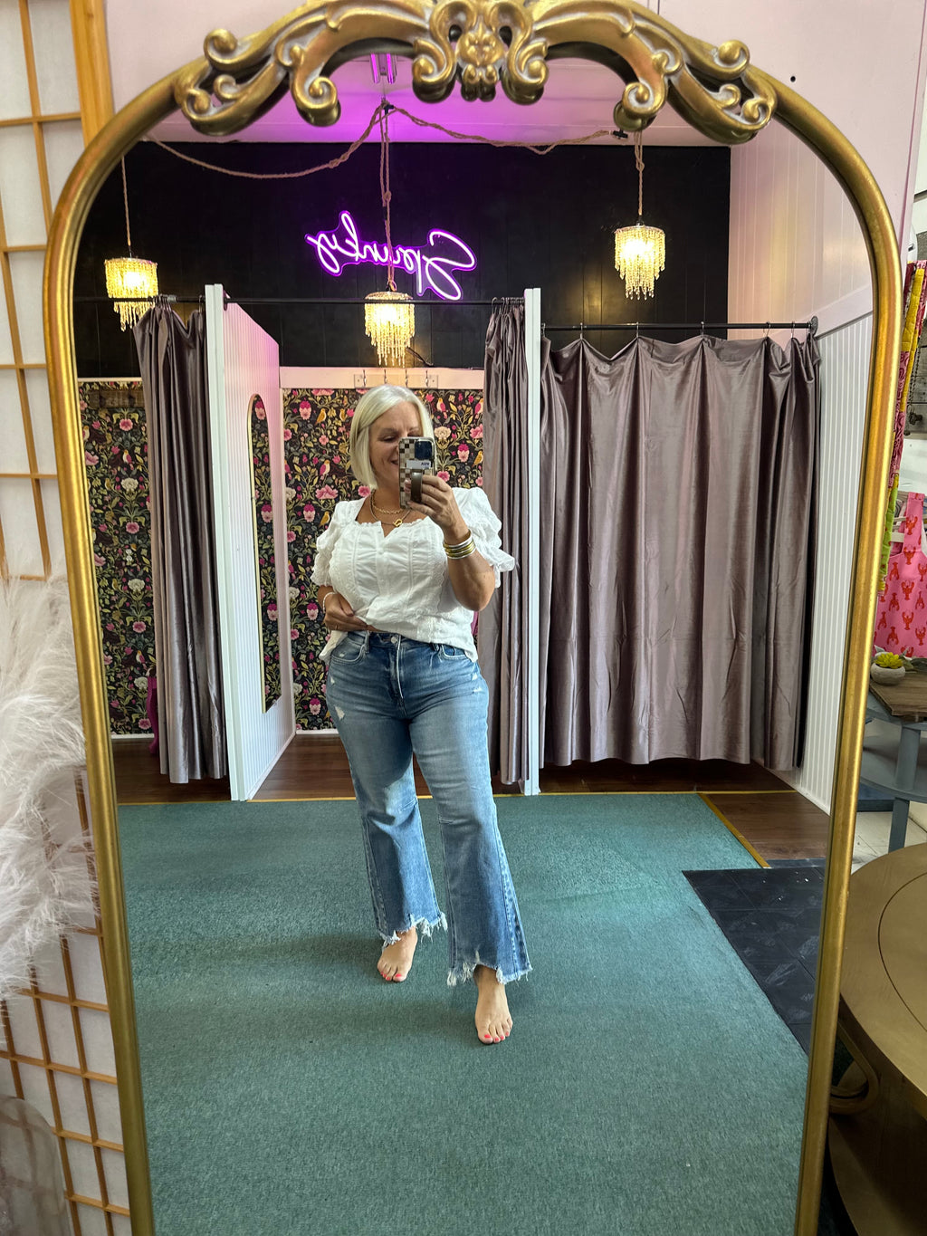 Risen High Rise Crop Straight Leg Distressed Hem Jeans