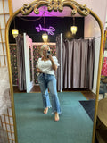 Risen High Rise Crop Straight Leg Distressed Hem Jeans
