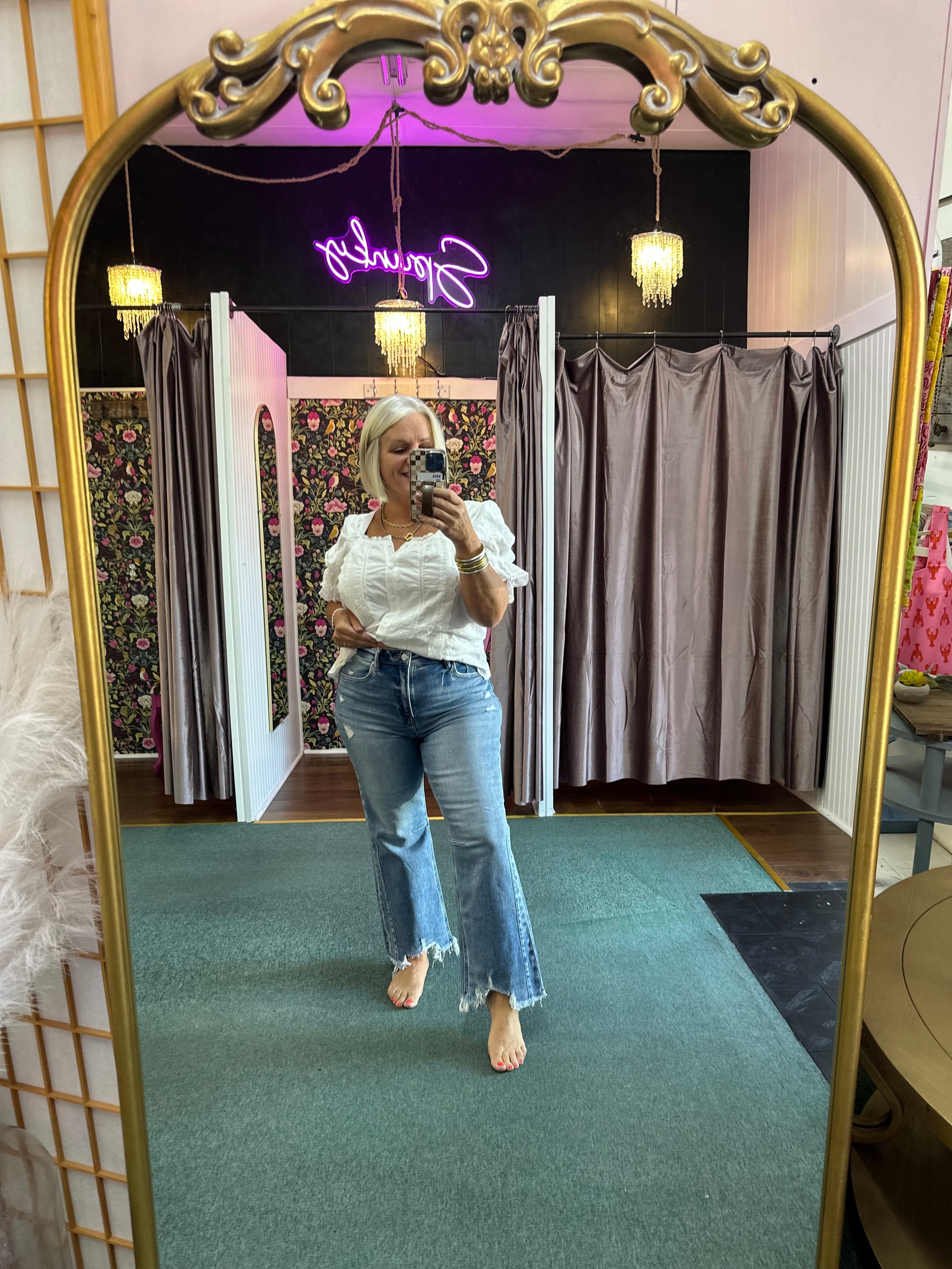 Risen High Rise Crop Straight Leg Distressed Hem Jeans