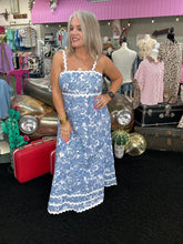 Load image into Gallery viewer, BLUE FLORAL MAXI DRESS WITH RICRAC TRIM
