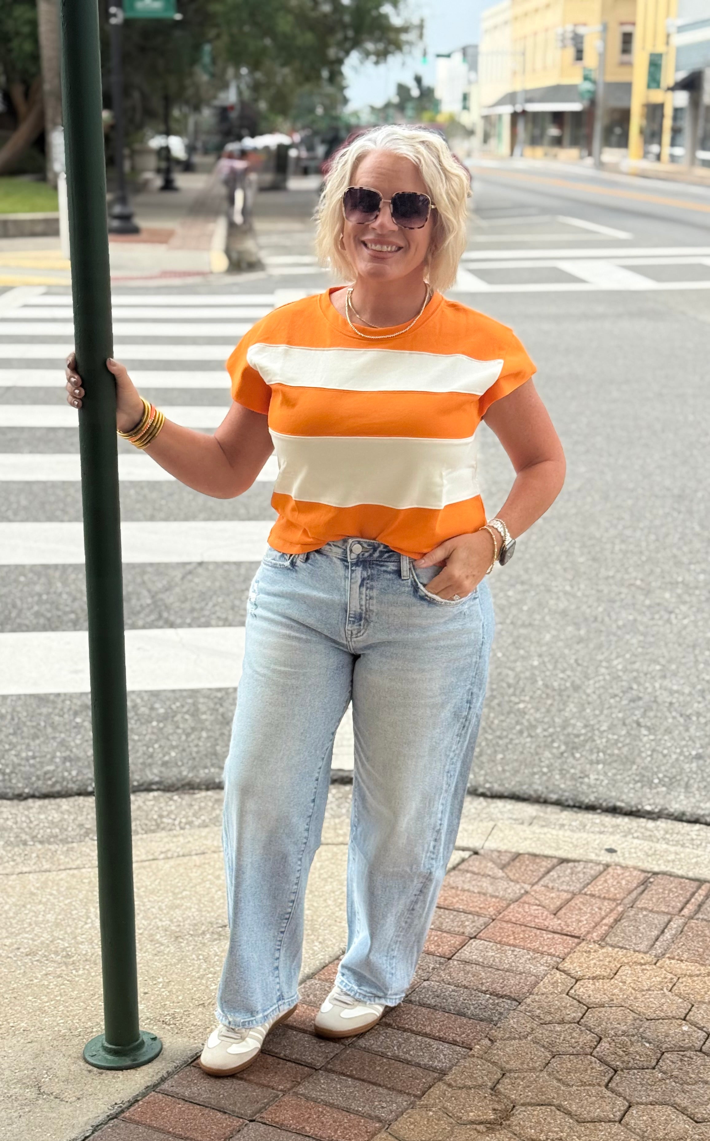 Orange and Ivory Striped Short Cap Sleeve Boxy Top