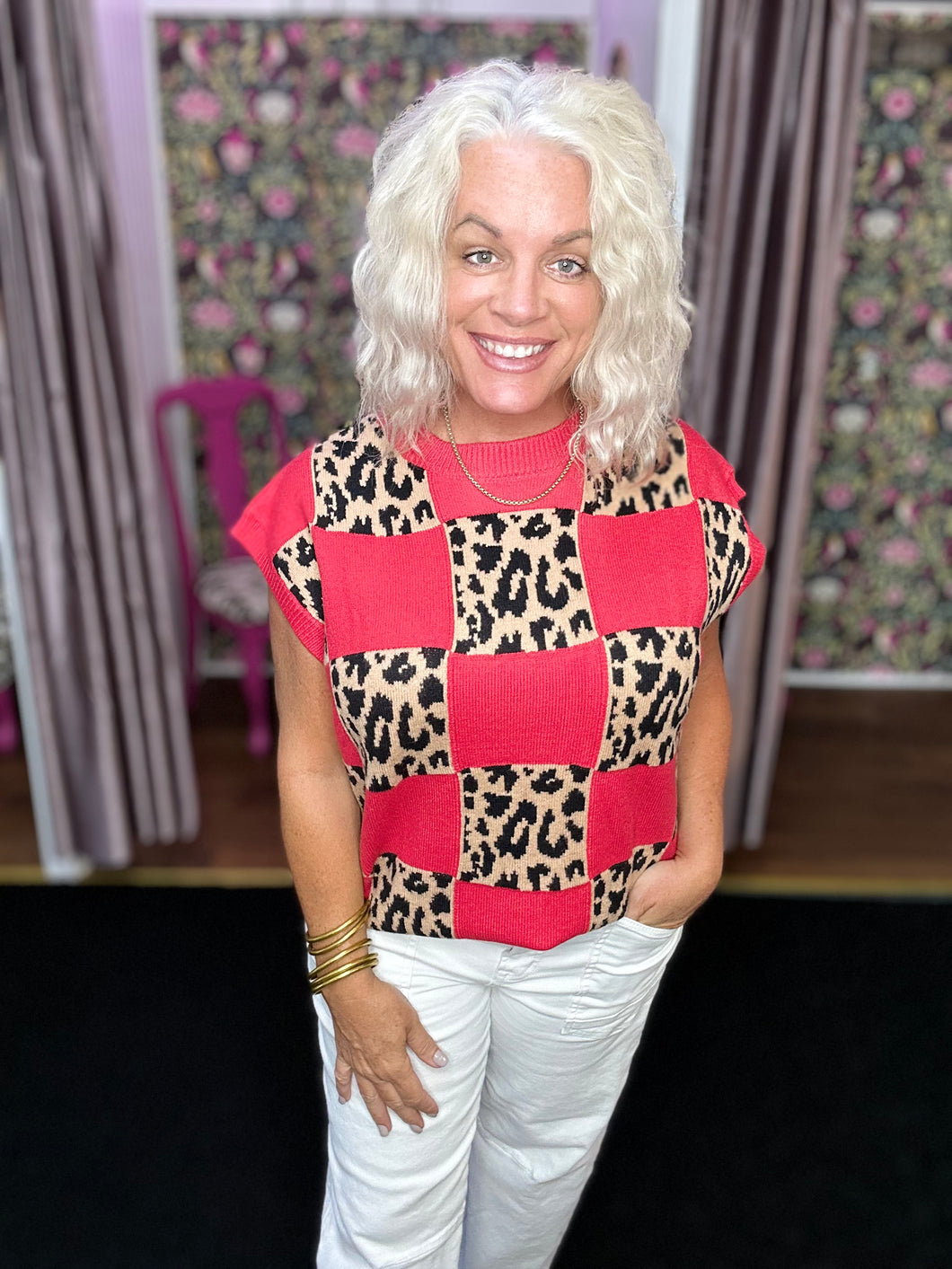 Leopard Checkered Knit Sweater Vest