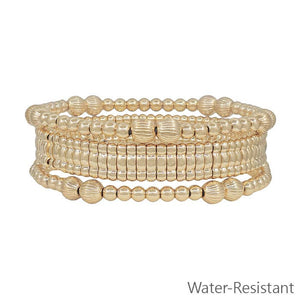 Water Resistant Set of 3 Gold Beaded with Gold Watch Band Style Stretch Bracelet