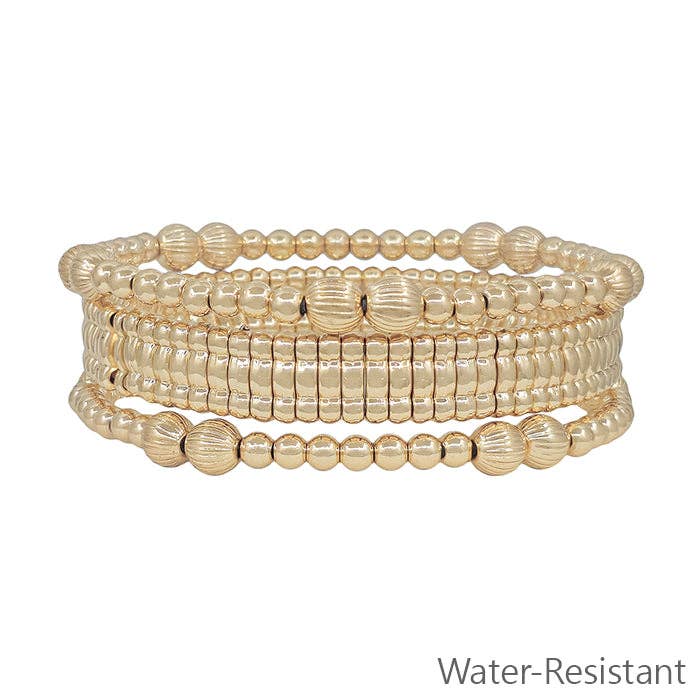 Water Resistant Set of 3 Gold Beaded with Gold Watch Band Style Stretch Bracelet