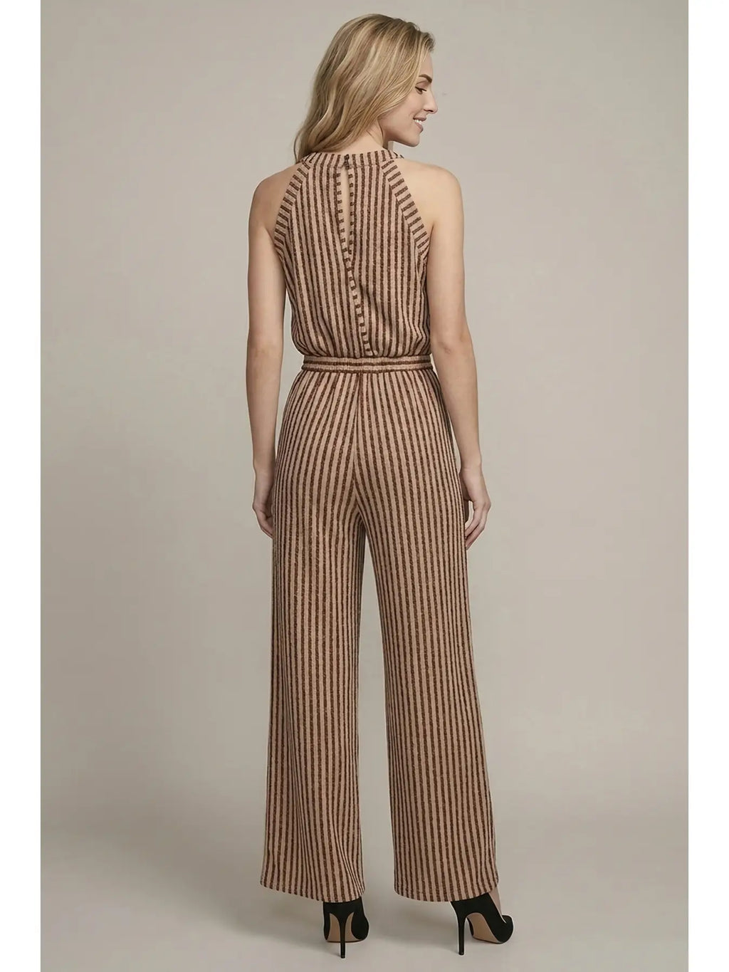 Brown and Beige Stripe Jacquard Jumpsuit