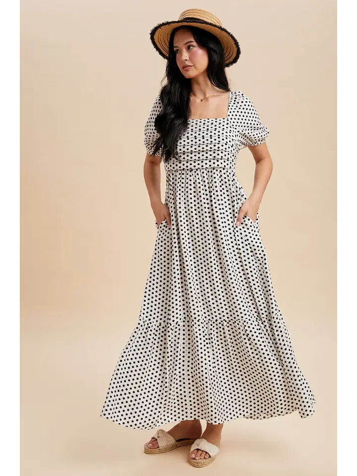 Pleated Polka Dot Maxi Dress