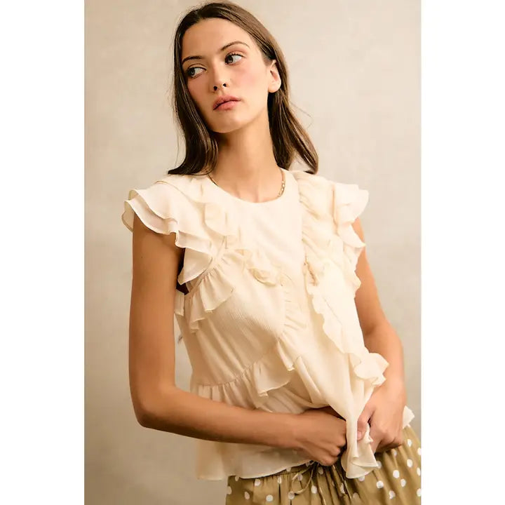 Cream Ruffled Chiffon Lined Blouse