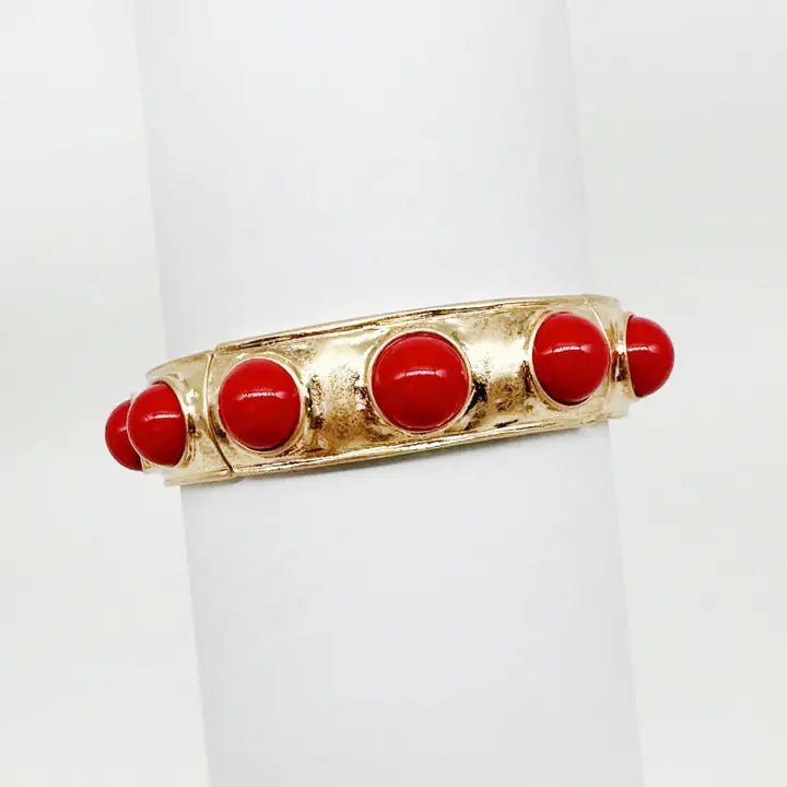 Red Color Coated Studded with Gold Hammered Stretch Bracelet