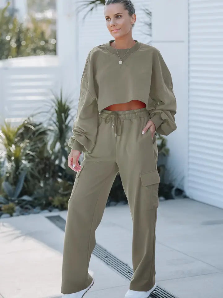 Olive Relaxed Cropped Top Sweatshirt Set