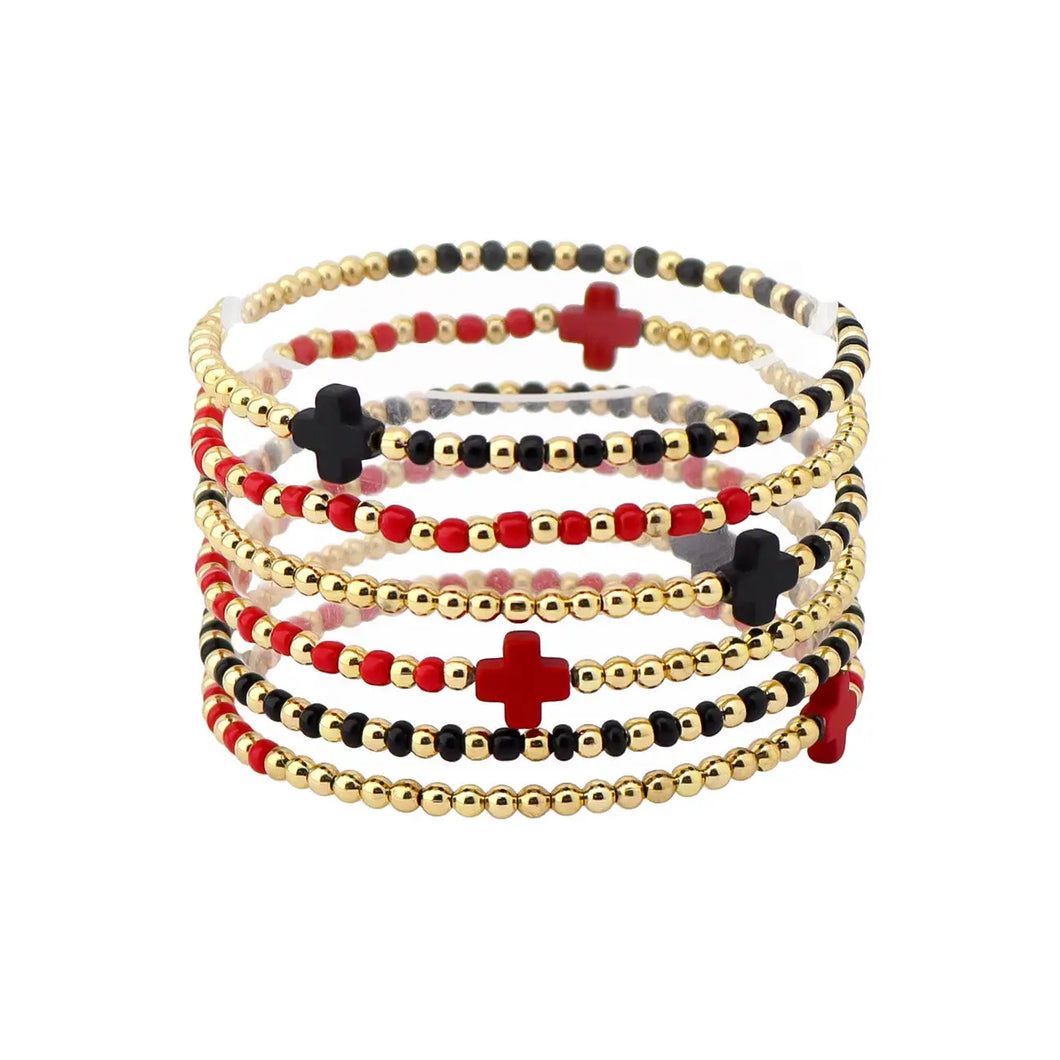 Gameday Set of 6 Red and Black Beaded Stretch Bracelets
