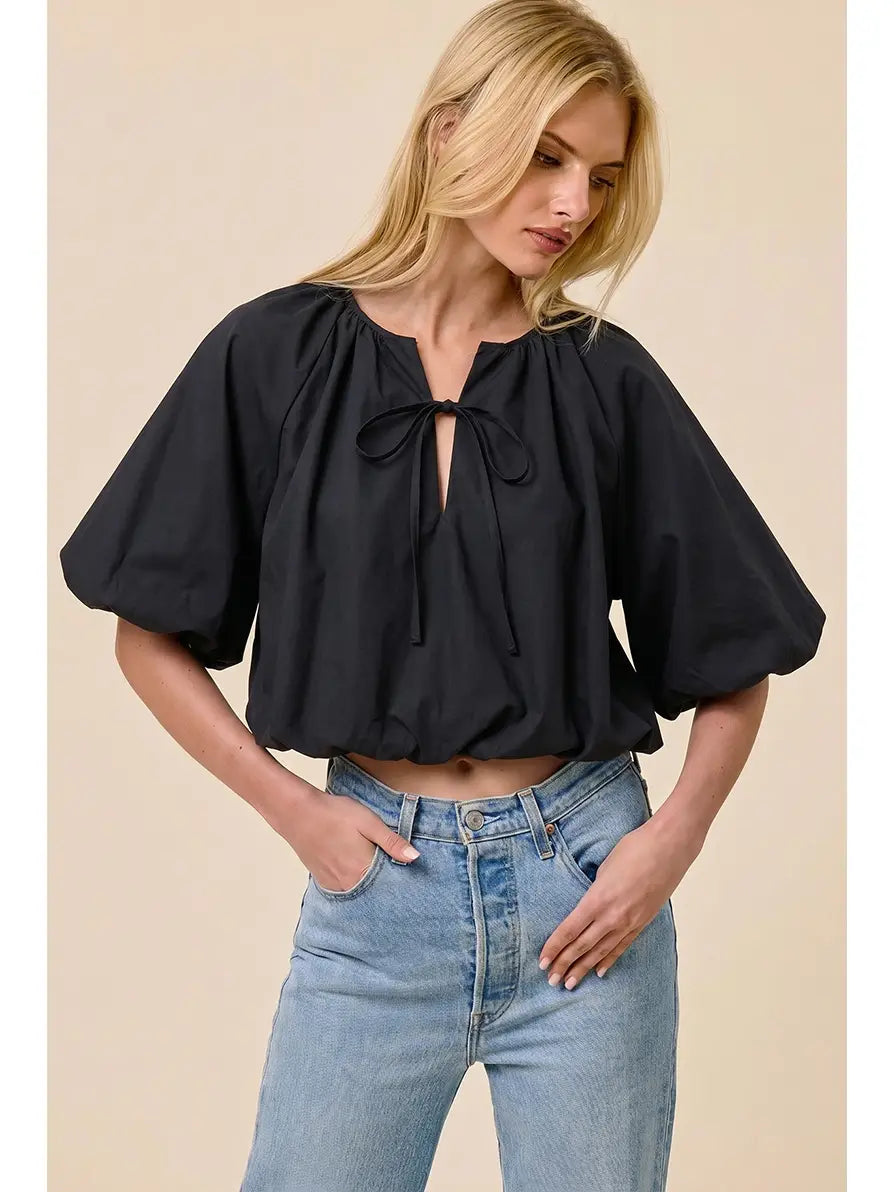 Balloon Poplin V-Neck Tie Blouse