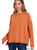 BURNT ORANGE Rib Raw Edge Hi-Low Hem Long Sleeve Top w/ Side Slits