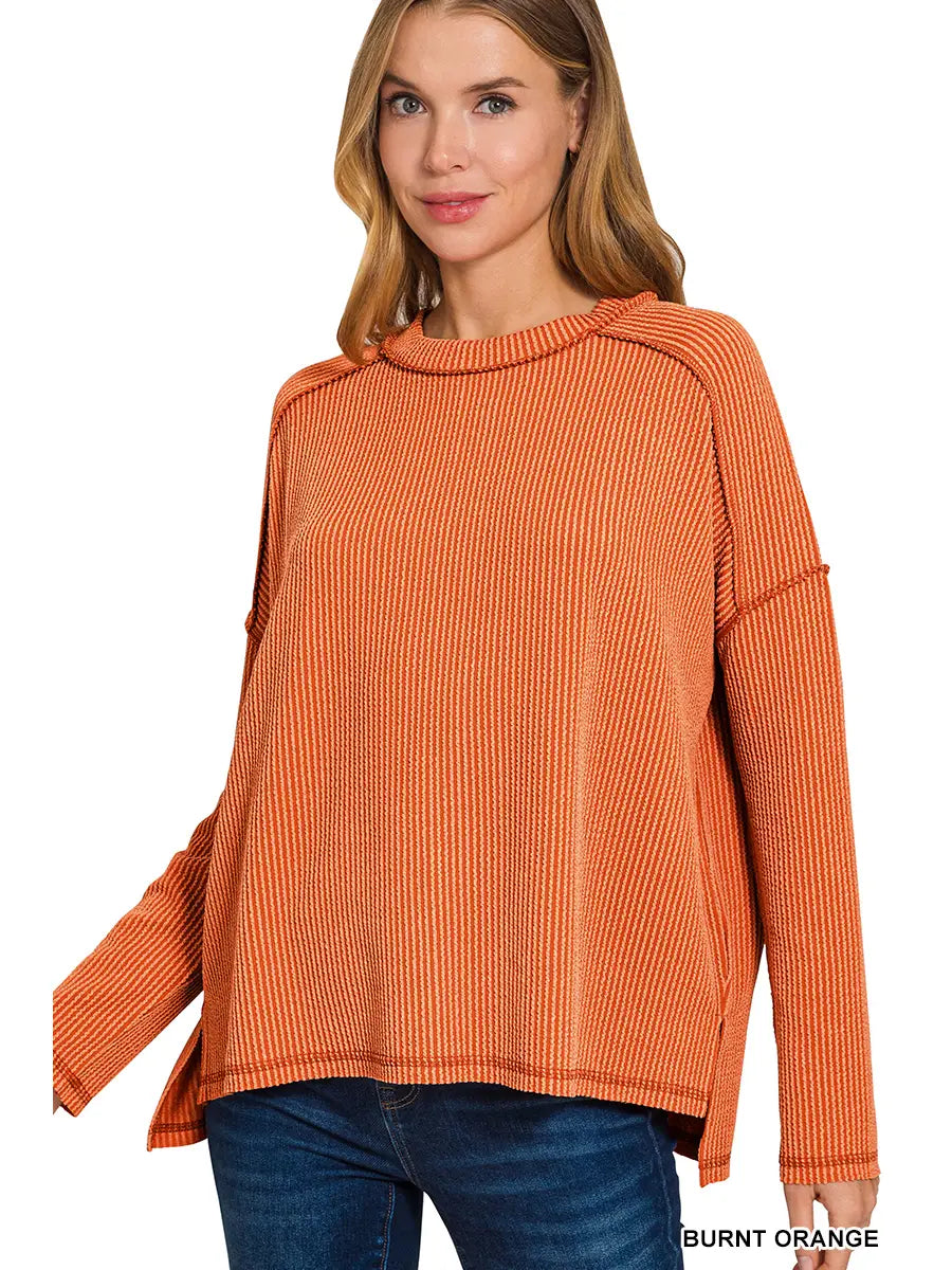 BURNT ORANGE Rib Raw Edge Hi-Low Hem Long Sleeve Top w/ Side Slits