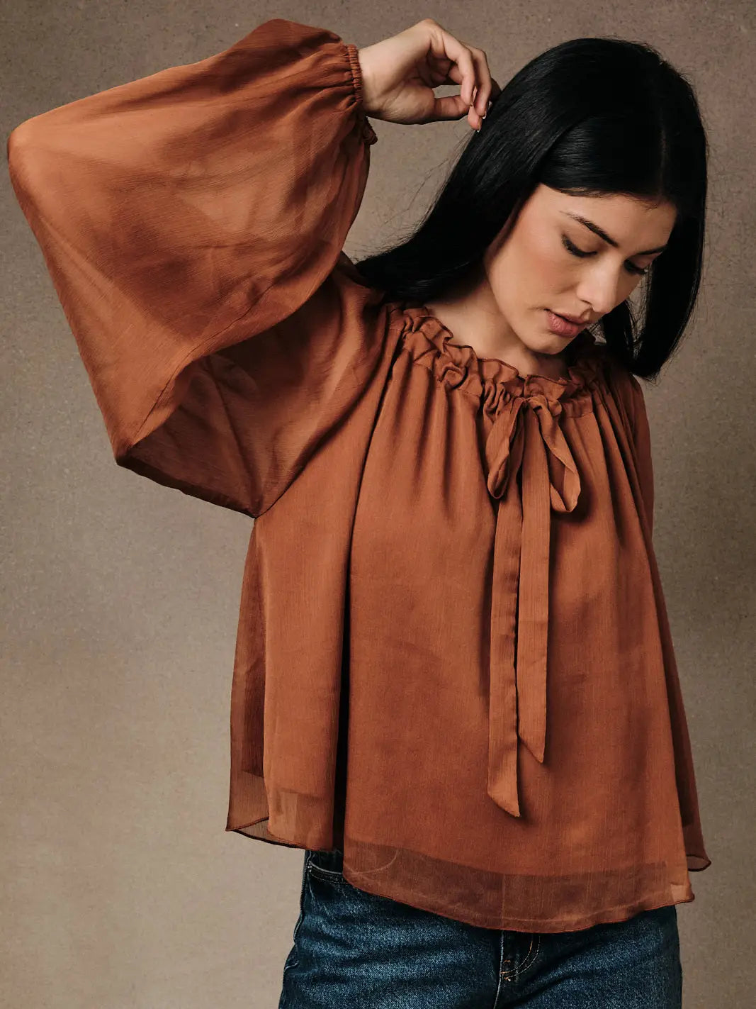 Crinkle Chiffon Ruffled Tie Neck Peasant Blouse in Rust