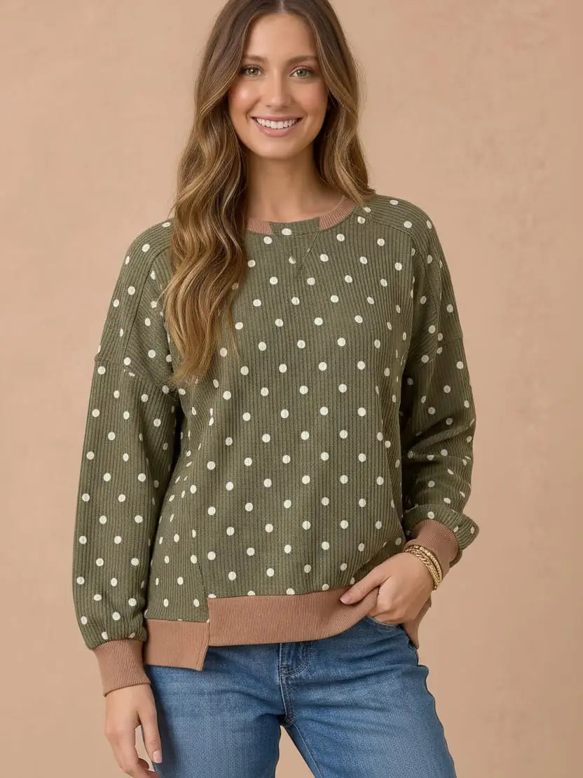 Olive Polka Dot Wave Rib Top