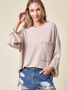 Front Pocket Adjustable Sleeve Top in Taupe
