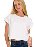 White Cotton Folded Sleeve Top