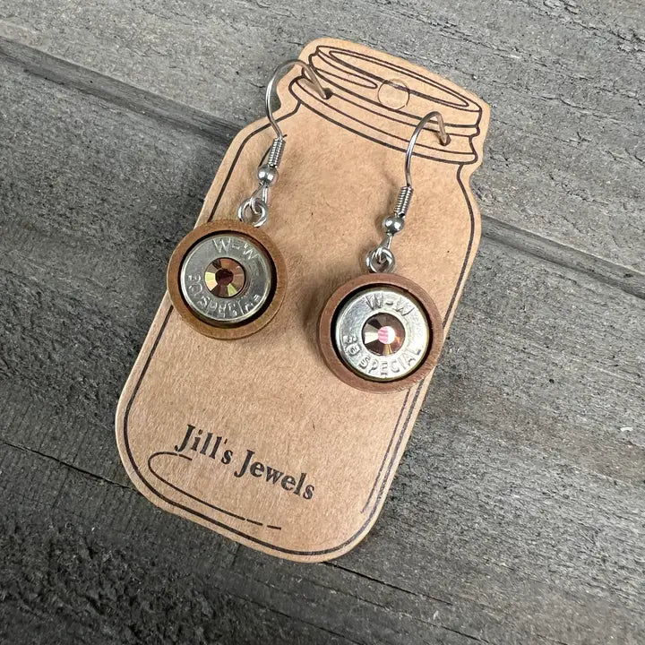 Medium Wood 38 Special Western Country Bullet Earrings