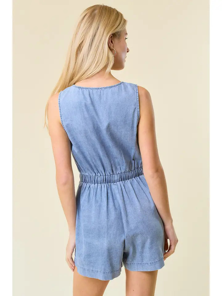 Light Denim Sleeveless Drawstring Waist Henley Romper