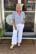 Pink and Royal Contrast Detail Swirl Print Top
